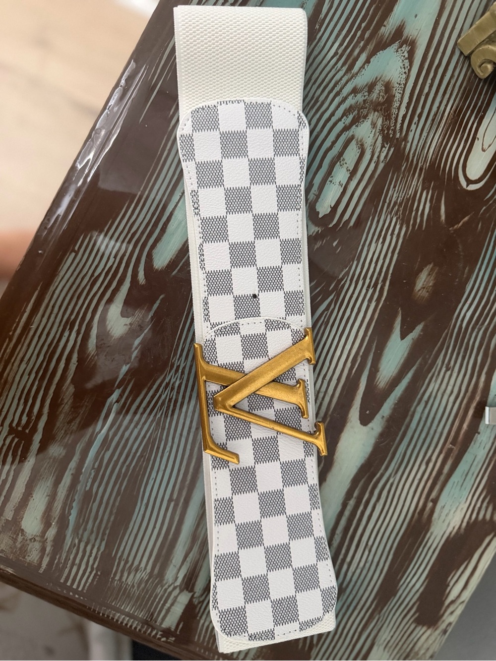 Designer-Inspired White Check women’s Belt with Gold Buckle